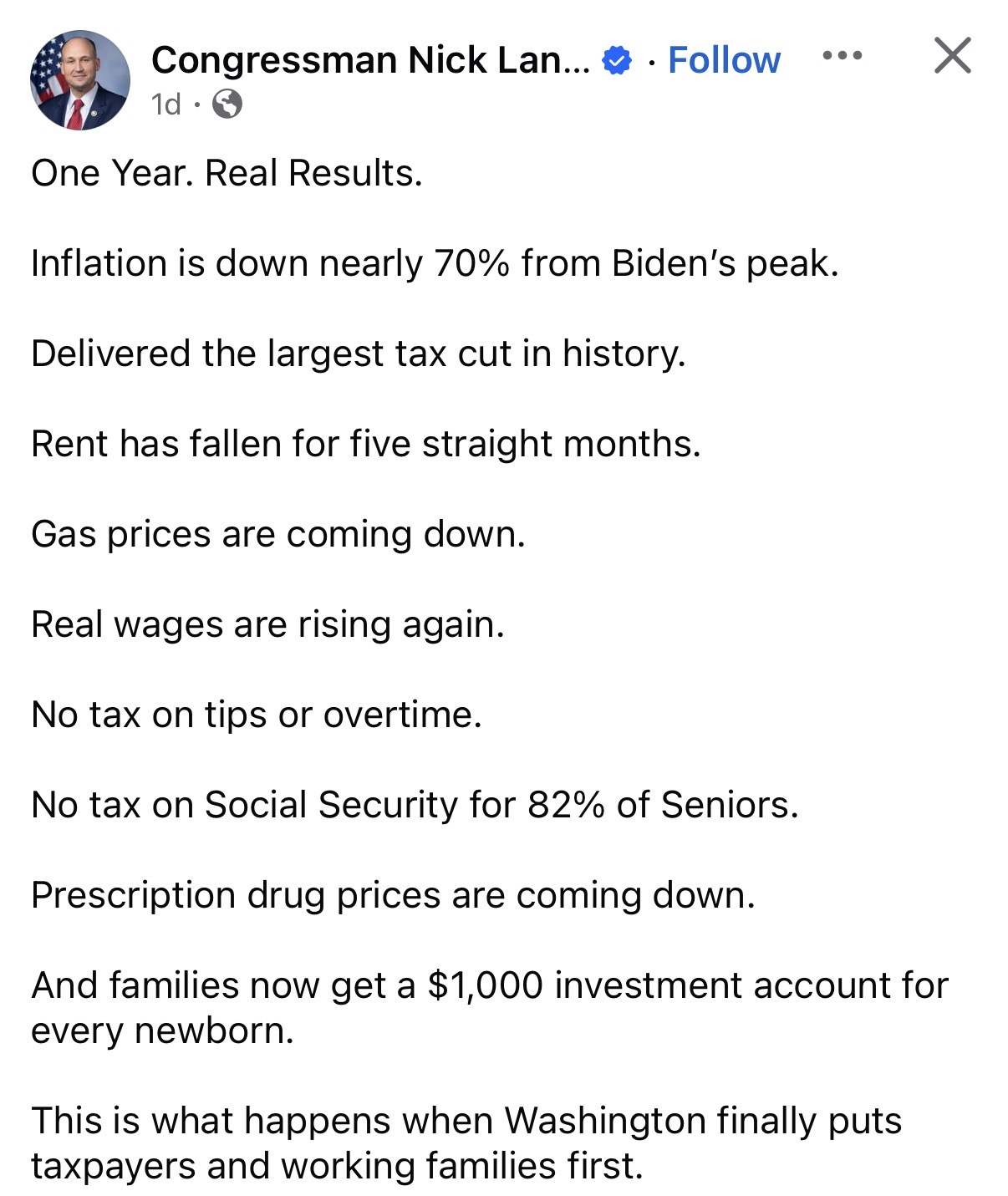 Congressman Nick Langworthy Facebook post titled 'One Year. Real Results.' making economic claims