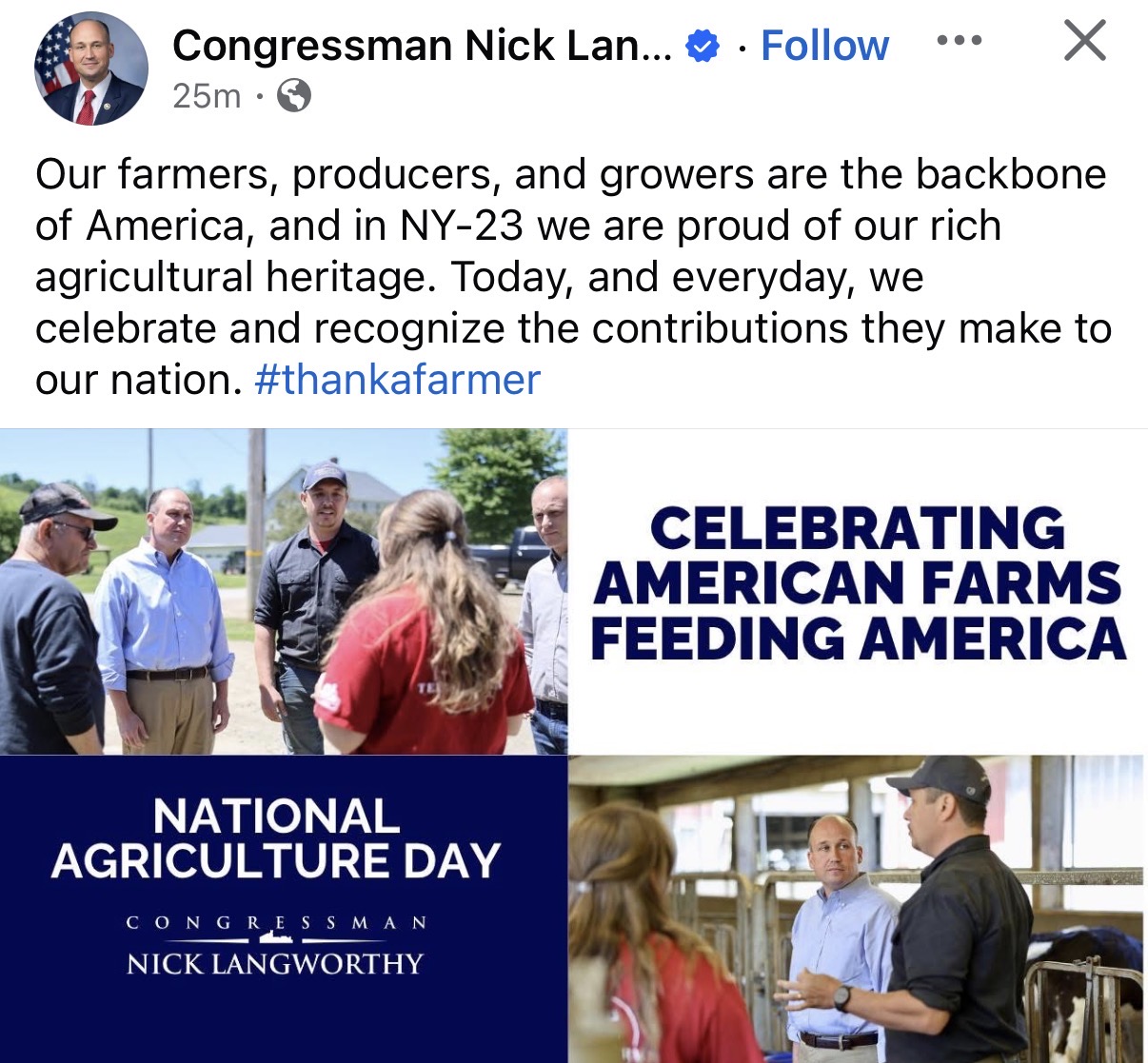 Langworthy Facebook post for National Agriculture Day celebrating NY-23 agricultural heritage