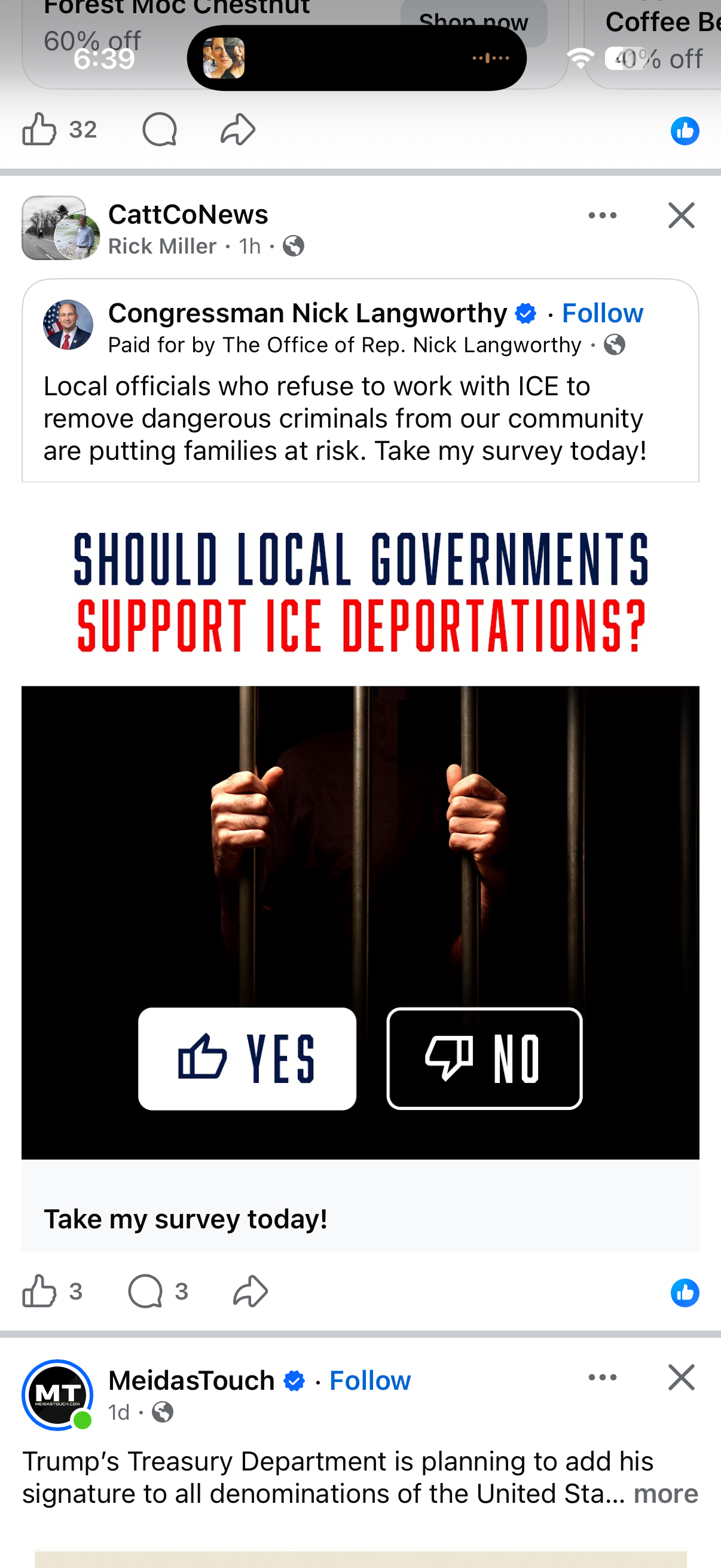 Langworthy paid Facebook ad asking whether local governments should support ICE deportations, with prison imagery