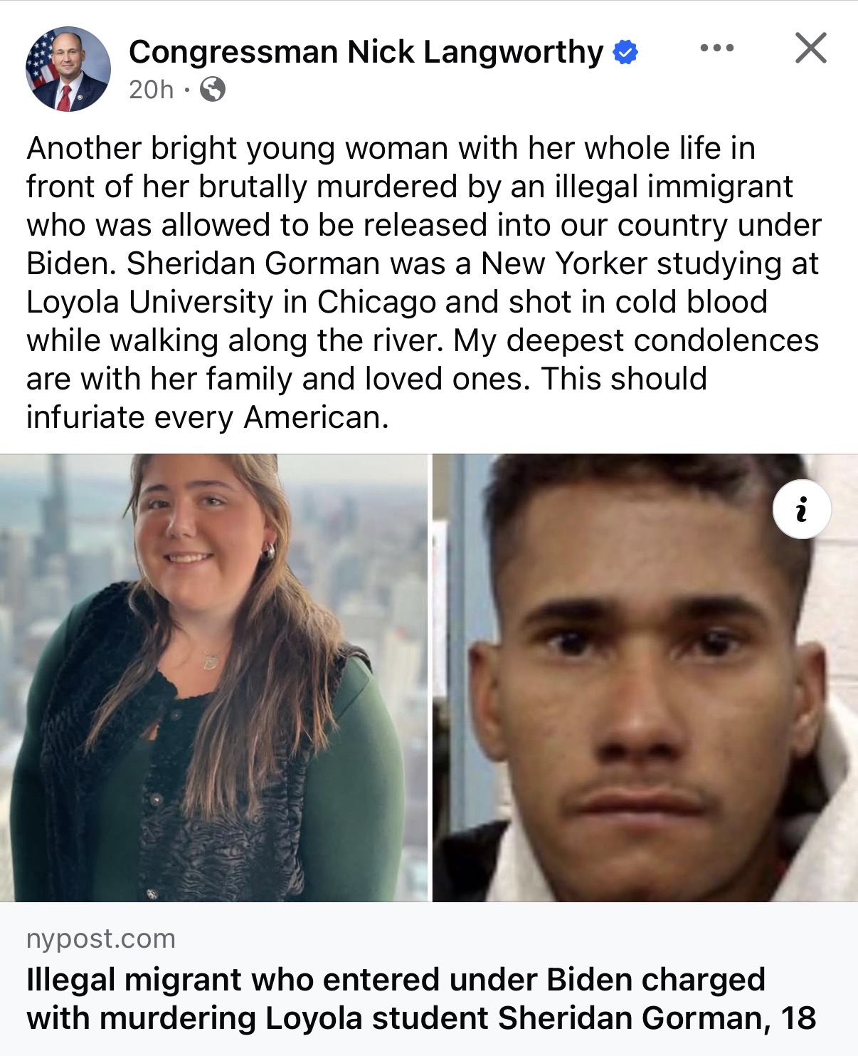 Langworthy Facebook post about Sheridan Gorman, an 18-year-old Loyola University student from New York who was killed in Chicago, sharing a New York Post article