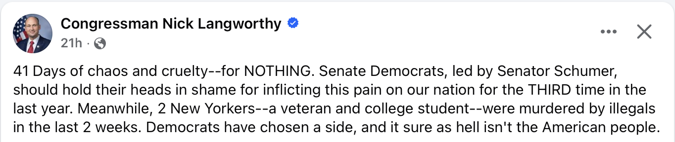 Langworthy Facebook post claiming 41 days of chaos from DHS shutdown, blaming Senate Democrats, and referencing two New Yorkers murdered by undocumented immigrants