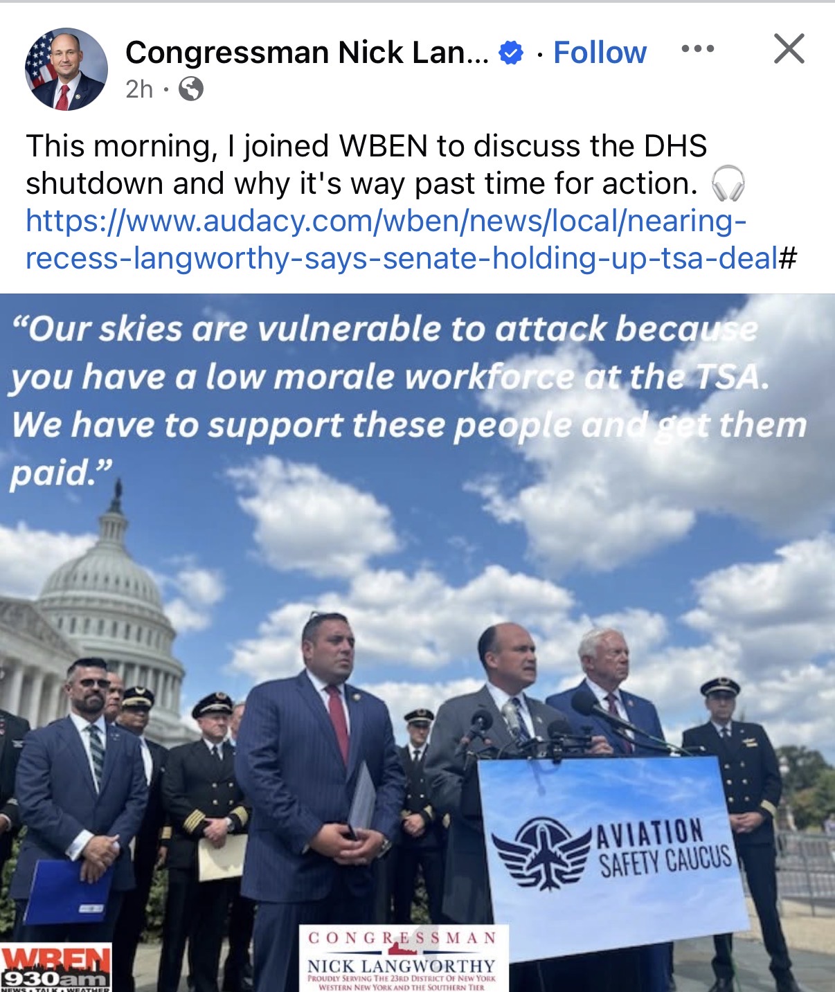 Langworthy Facebook post sharing WBEN interview about DHS shutdown and TSA pay, with Aviation Safety Caucus press conference photo