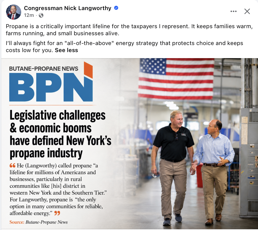Langworthy Facebook post sharing Butane-Propane News feature calling propane a lifeline and pledging an all-of-the-above energy strategy