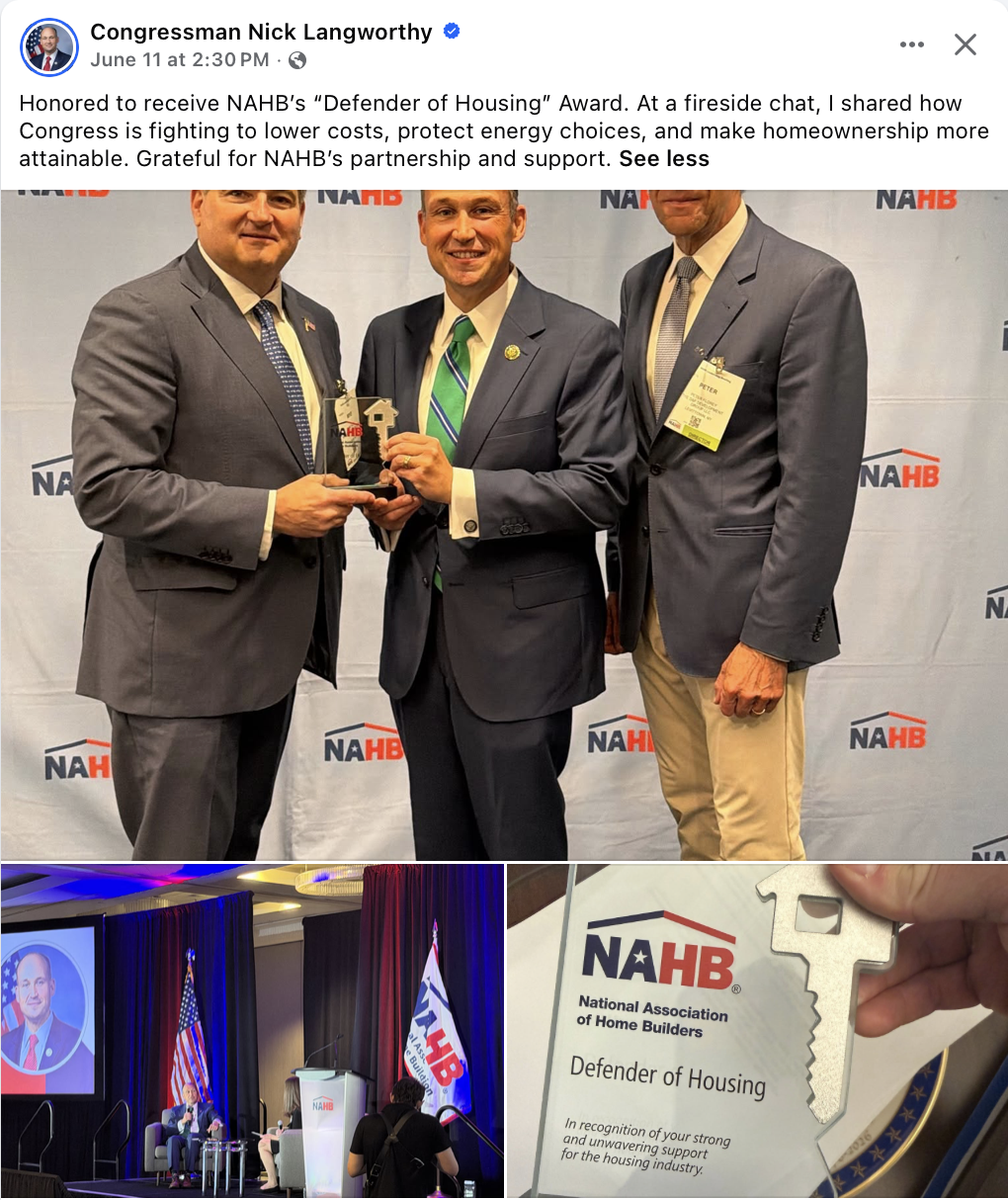 Facebook post from Rep. Nick Langworthy announcing the National Association of Home Builders' Defender of Housing Award, with photos of him accepting the award at a fireside chat.