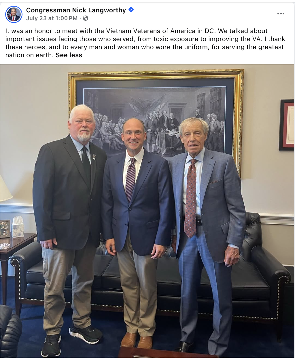 Facebook post from the verified page of Congressman Nick Langworthy dated July 23 at 1:00 PM, reading: It was an honor to meet with the Vietnam Veterans of America in DC. We talked about important issues facing those who served, from toxic exposure to improving the VA. I thank these heroes, and to every man and woman who wore the uniform, for serving the greatest nation on earth.