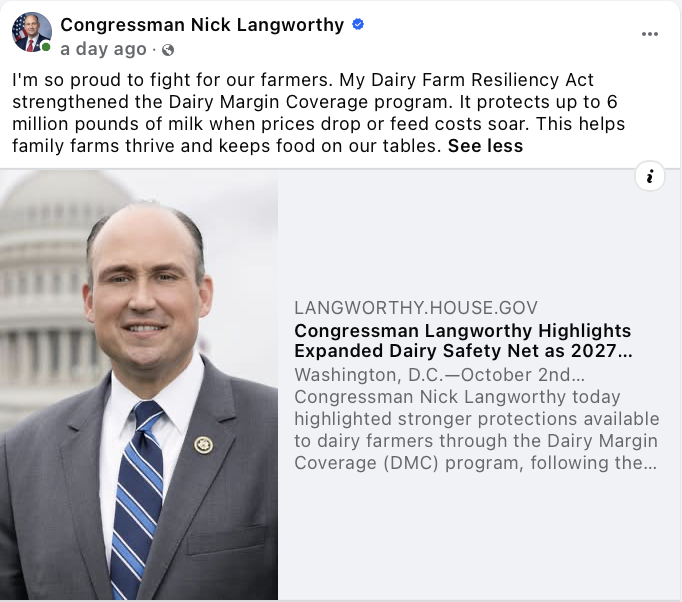 Facebook post from the Congressman Nick Langworthy page sharing a langworthy.house.gov press release headlined Congressman Langworthy Highlights Expanded Dairy Safety Net as 2027 enrollment opens, with the caption quoted in this entry