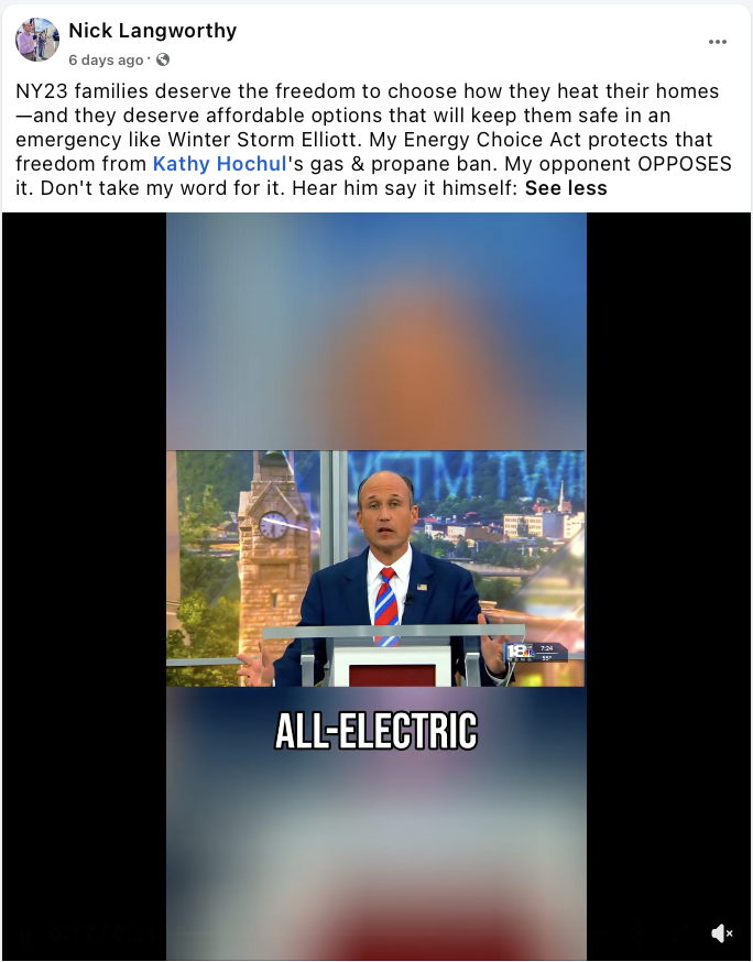 Facebook post from the Nick Langworthy campaign page with the caption quoted in this entry, showing Rep. Langworthy at a debate podium with the on-screen caption ALL-ELECTRIC