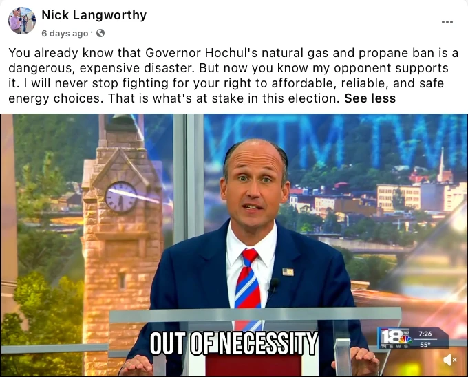 Facebook post from the Nick Langworthy campaign page with the caption quoted in this entry, showing Rep. Langworthy at a debate podium with the on-screen caption OUT OF NECESSITY