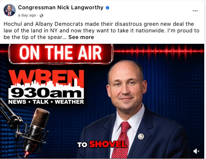 Facebook post from the Congressman Nick Langworthy official page showing a WBEN 930am On The Air graphic with Rep. Langworthy's photo and the caption quoted in this entry