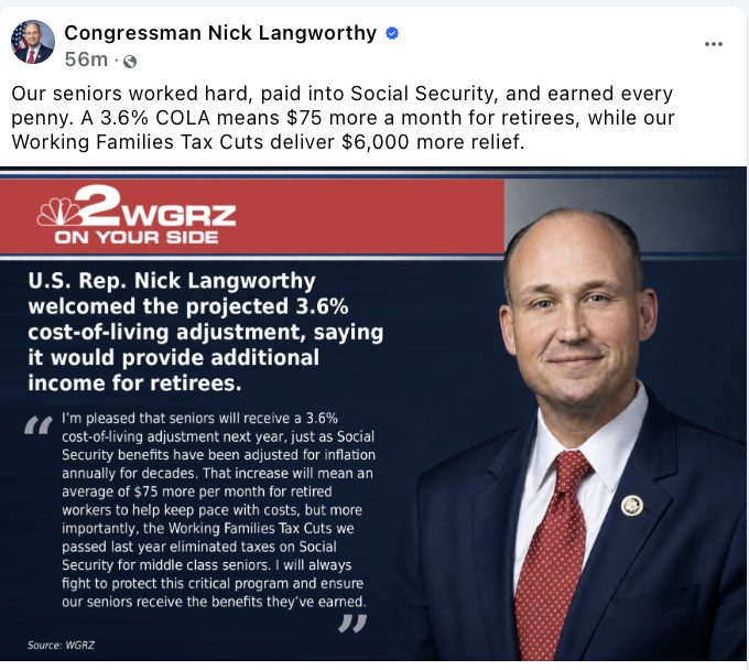 Post from the Congressman Nick Langworthy official Facebook page with a WGRZ-branded graphic quoting his statement that the Working Families Tax Cuts eliminated taxes on Social Security for middle class seniors