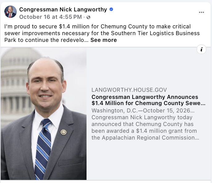 Facebook post from the Congressman Nick Langworthy official page reading I'm proud to secure $1.4 million for Chemung County to make critical sewer improvements, linking a press release headlined Congressman Langworthy Announces $1.4 Million for Chemung County Sewer