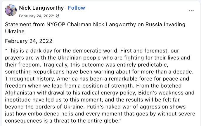 Facebook post from the Nick Langworthy page with his February 24, 2022 statement as NYGOP chairman on Russia invading Ukraine, including the line every moment that goes by without severe consequences is a threat to the entire globe