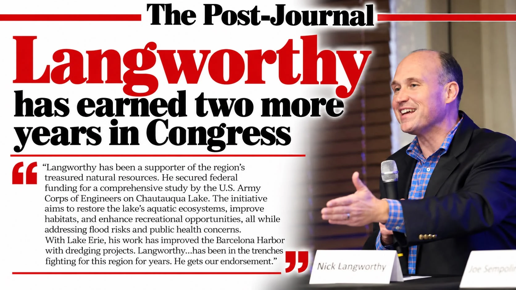 Graphic styled with The Post-Journal masthead reading Langworthy has earned two more years in Congress, with a photo of Rep. Langworthy and a pull quote crediting him with the Chautauqua Lake study and Barcelona Harbor dredging
