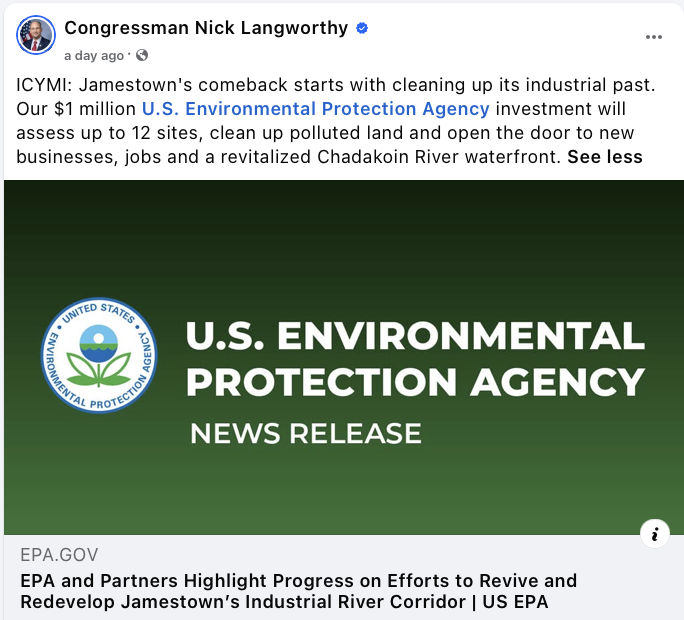 Facebook post from the Congressman Nick Langworthy official page reading ICYMI: Jamestown's comeback starts with cleaning up its industrial past, Our $1 million U.S. Environmental Protection Agency investment will assess up to 12 sites, linking an EPA news release